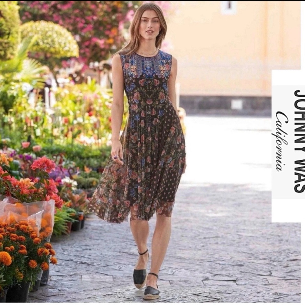 Johnny Was Biya Size XS Floral Mesh Sleeveless Embroidered Dress Bohemian Casual